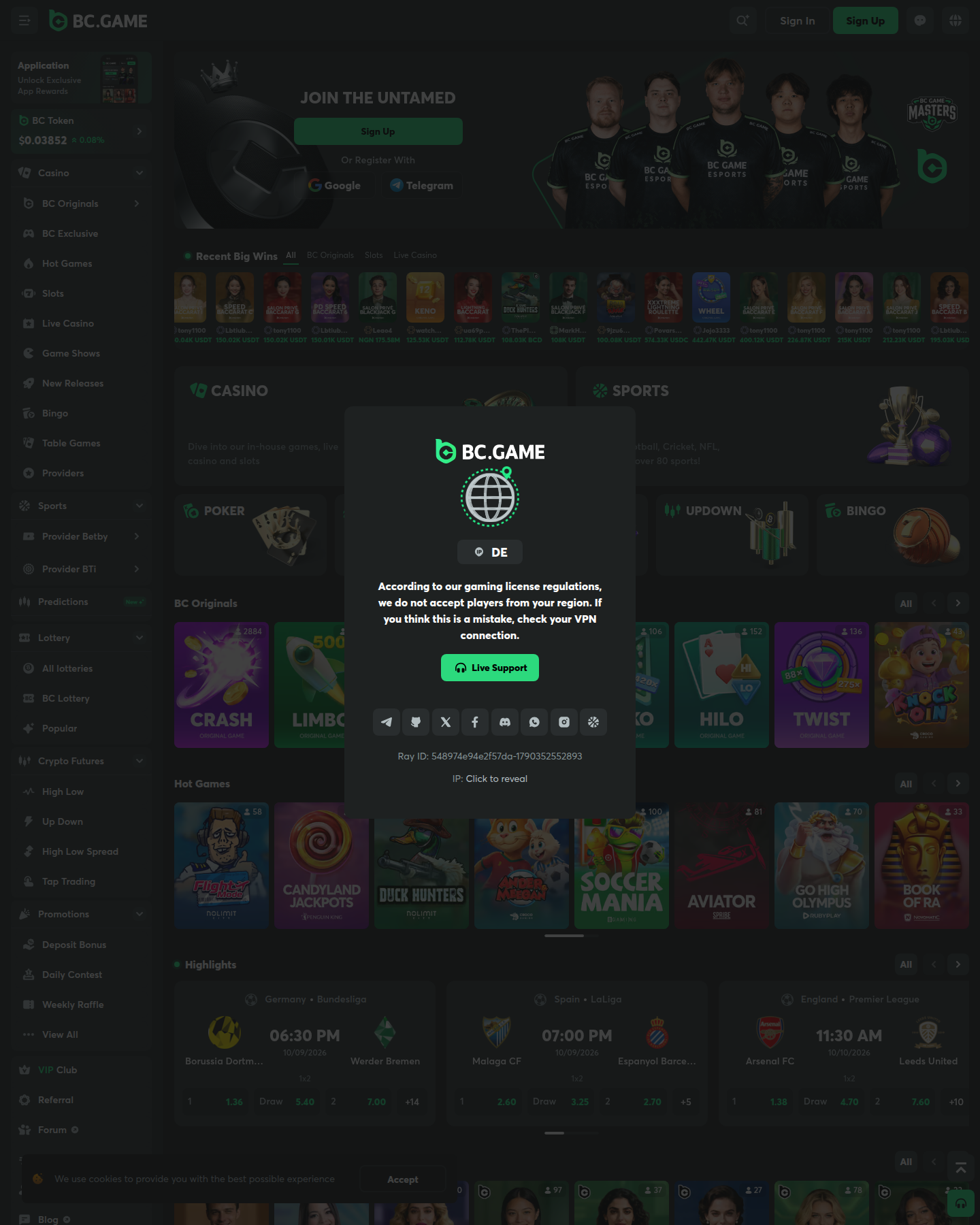 BC.GAME lobby showing the game categories on the landing page