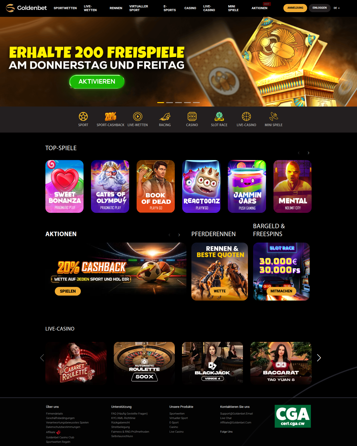 Goldenbet lobby showing the game categories on the landing page