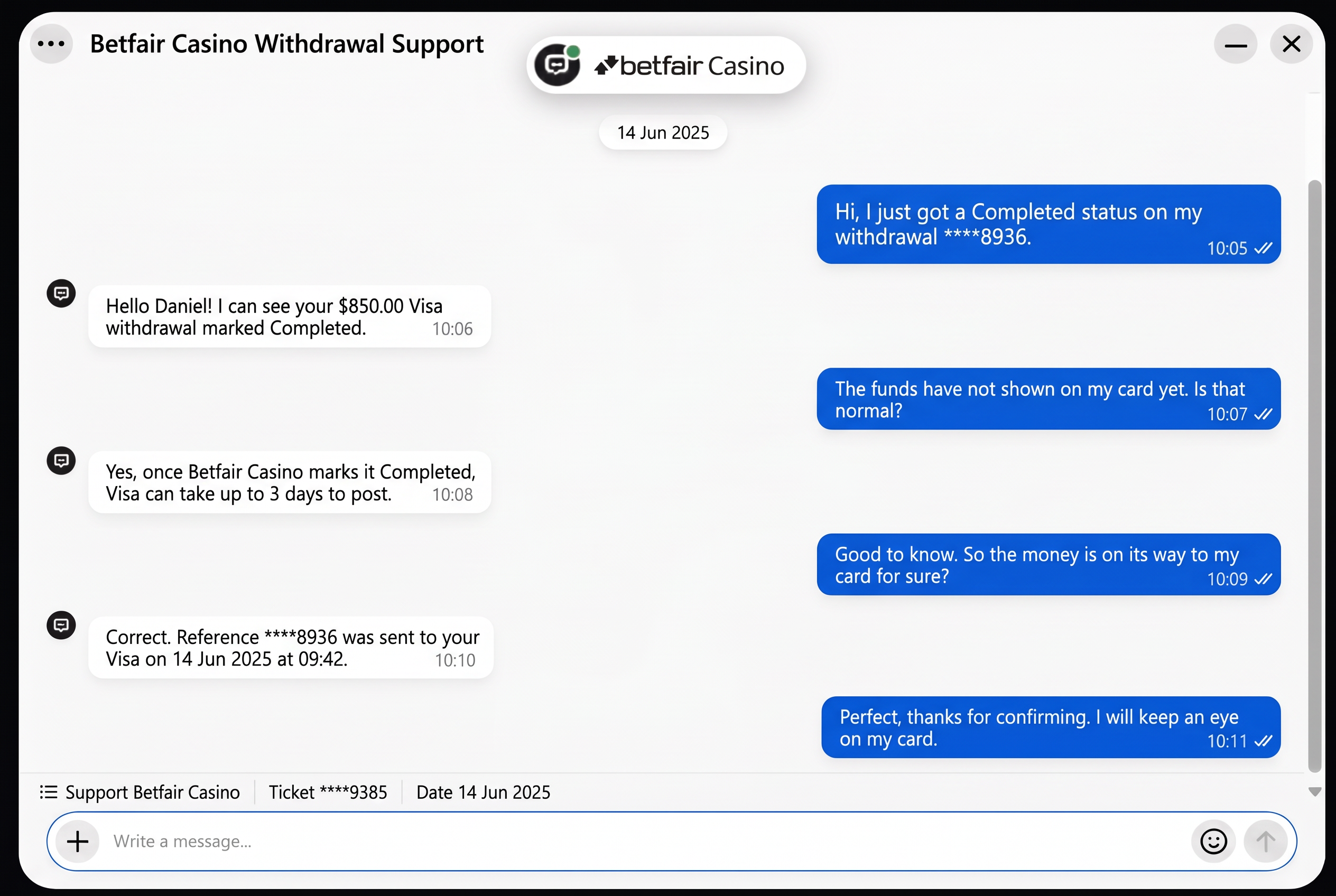 Customer support chat screenshot