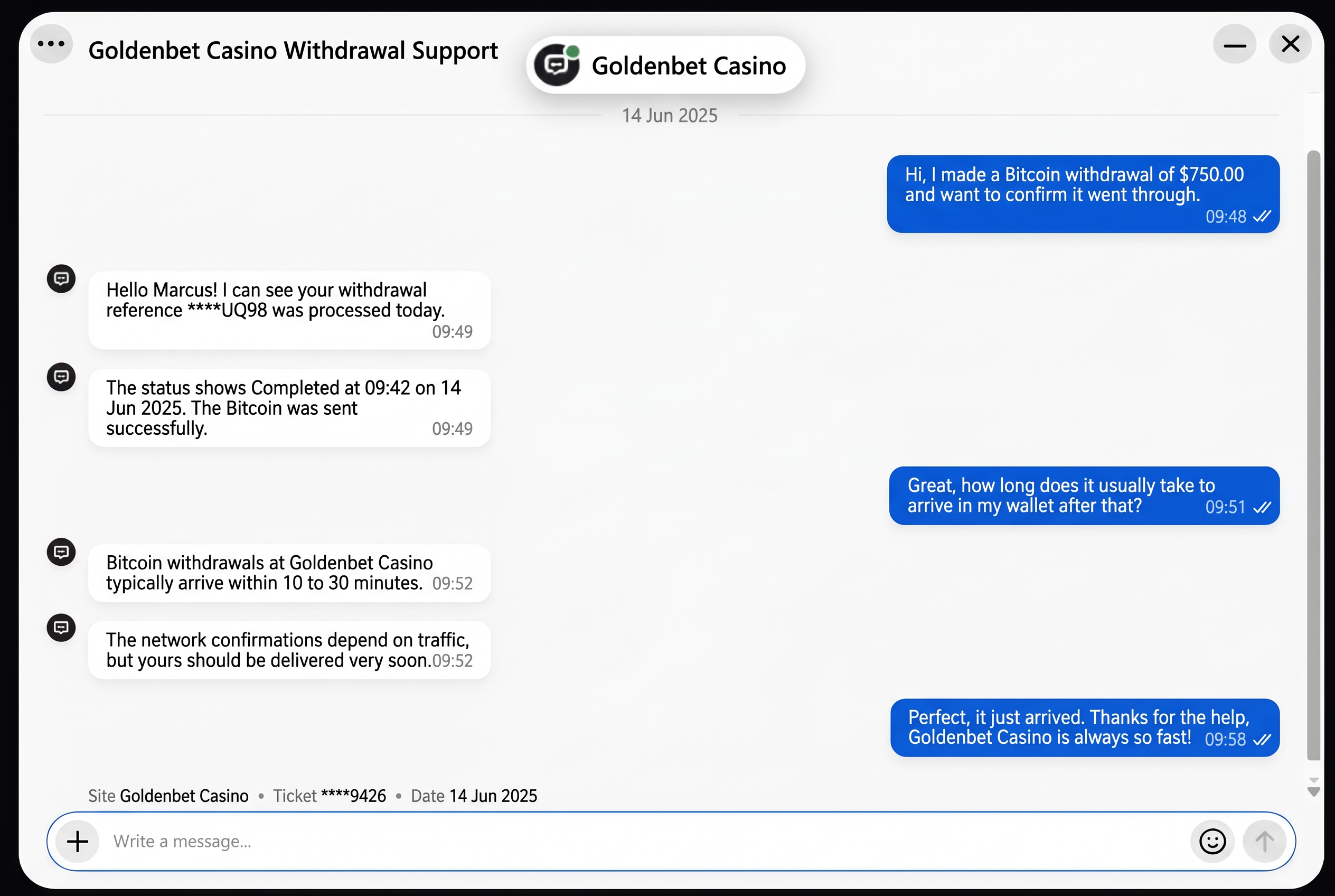 Customer support chat screenshot