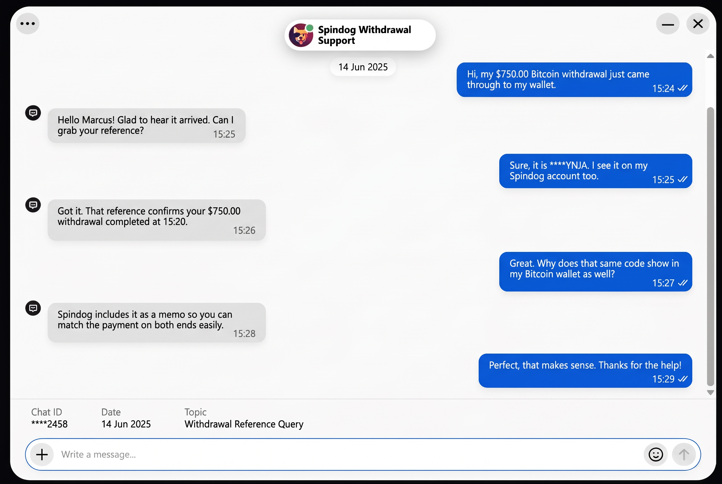 Customer support chat screenshot