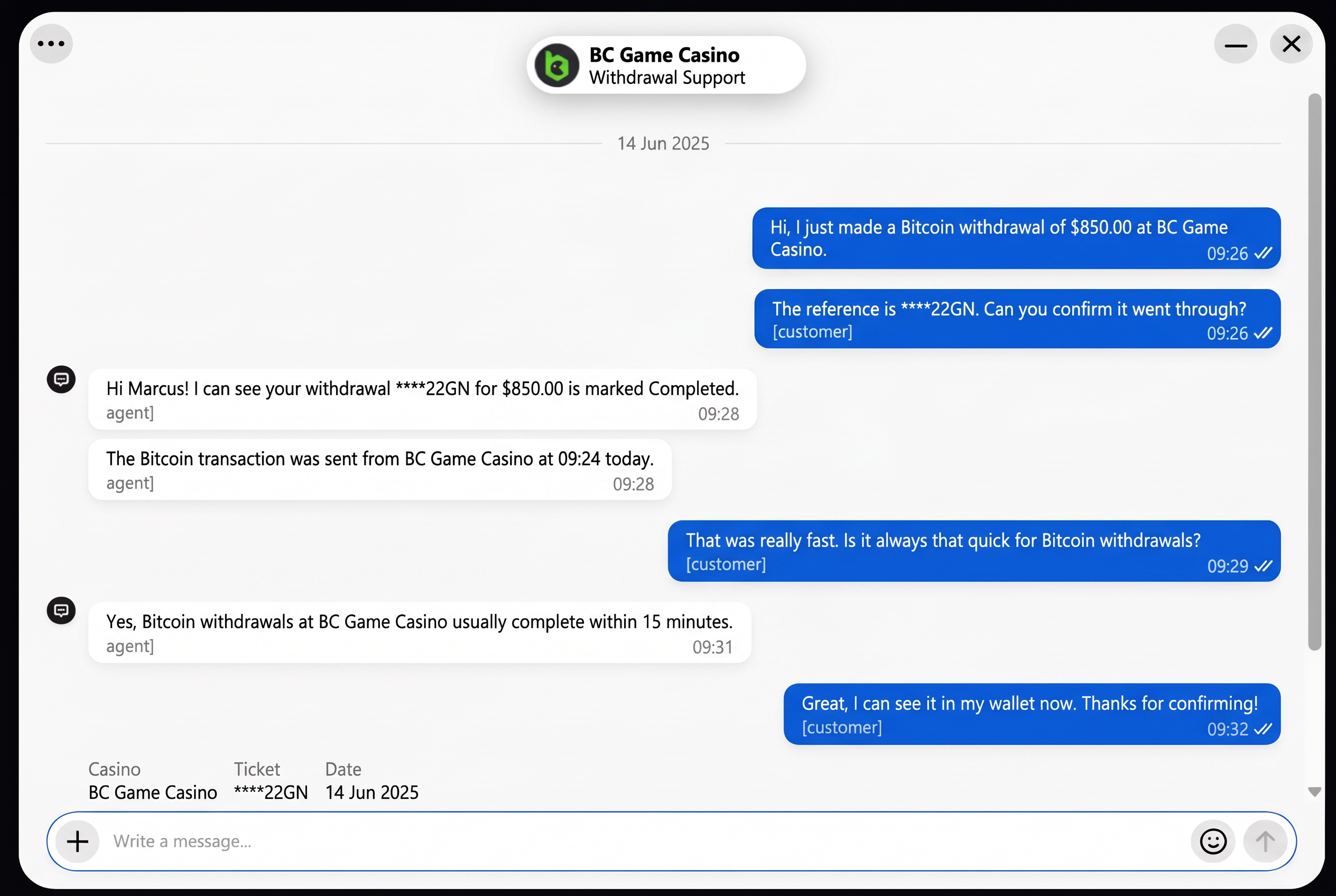 Customer support chat screenshot