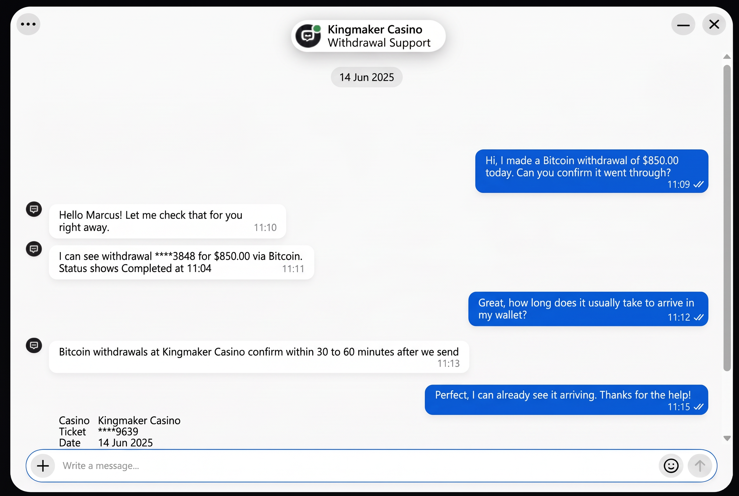 Customer support chat screenshot